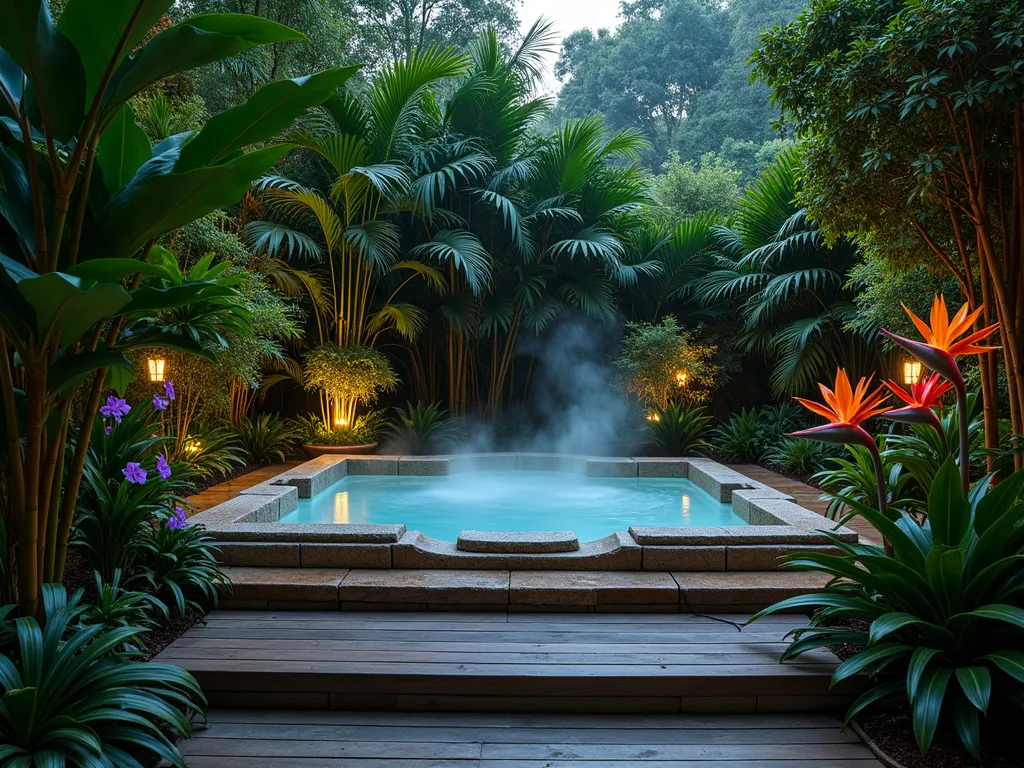 Tropical Hot Tub Paradise at Dusk - A luxurious outdoor hot tub nestled within a lush tropical garden setting at dusk, photographed in wide angle. Dense layers of exotic foliage create a natural privacy screen, with towering bamboo, massive elephant ear plants, and cascading ferns surrounding the tub. Gentle mist hovers in the air from hidden misters, creating an ethereal atmosphere. Strategic uplighting illuminates the tropical plants from below, casting dramatic shadows and highlighting the textural contrast of the leaves. Purple and orange orchids bloom among the greenery, while a Heliconia's dramatic red flowers add pops of color. The hot tub features natural stone coping, with weathered wooden decking leading to it. Soft ambient lighting reflects off the steaming water surface, creating a magical rainforest ambiance.