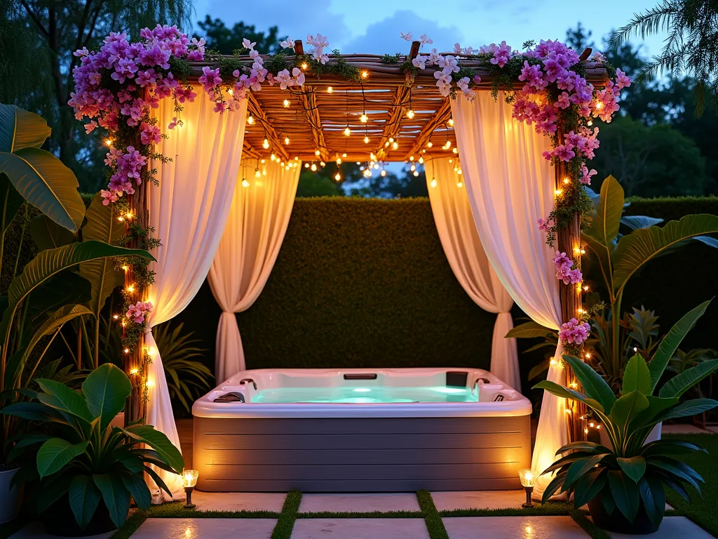 Tropical Hot Tub Paradise with Bamboo Pergola - A stunning twilight photograph of a luxurious outdoor hot tub nestled beneath a natural bamboo pergola, captured with a wide-angle perspective. The pergola is elegantly draped with flowering passiflora vines and trailing orchids in vibrant purples and whites. Warm, atmospheric fairy lights weave through the pergola's structure, casting a golden glow across the scene. Sheer white curtains billow softly in the evening breeze, providing privacy while maintaining an airy feel. The hot tub is surrounded by lush tropical foliage including bird of paradise plants, monstera deliciosa, and potted palm trees. Shot at f/8 with natural golden hour lighting complementing the ambient fairy lights, creating a dreamy, resort-like atmosphere in this backyard sanctuary. The composition includes stone pavers leading to the hot tub and strategic landscape lighting illuminating the tropical plants from below.