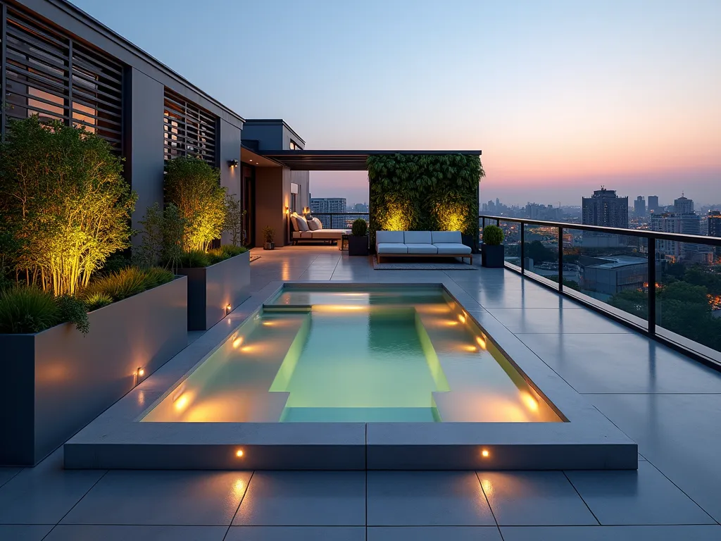 Luxurious Urban Rooftop Hot Tub Haven - A stunning rooftop terrace at dusk featuring a modern infinity-edge hot tub with LED lighting, photographed with a wide-angle lens. The hot tub is surrounded by contemporary metallic planters filled with ornamental grasses and bamboo. Sleek privacy screens with integrated vertical gardens showcase cascading ivy and ferns. Minimalist grey modular lounge furniture with plush white cushions complements the space. Warm ambient lighting from modern floor lamps and string lights creates a sophisticated atmosphere against the cityscape backdrop. Steel and glass wind barriers provide protection while maintaining views. Shot with golden hour lighting, capturing the transition between day and night, with city lights beginning to twinkle in the background.