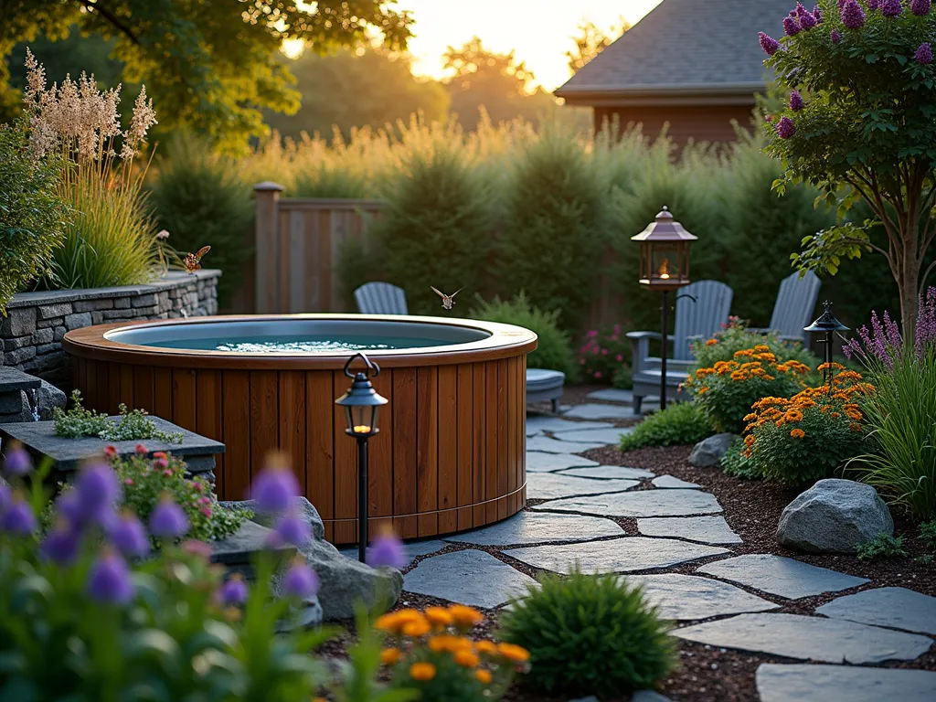 Twilight Wildlife Hot Tub Haven - A serene dusk garden scene featuring a cedar hot tub nestled among naturalistic landscaping. Native flowering plants like purple coneflowers, black-eyed susans, and butterfly bush create a lush border. A gentle cascading stone water feature adds ambient sound. Strategically placed copper path lights provide soft illumination. Multiple bird feeders hang from decorative shepherd's hooks, while hummingbirds visit nearby native trumpet honeysuckle vines. Stone pathways wind through the garden, and a pair of butterflies flutter near blooming flowers. The scene is captured in wide angle during the golden hour, with warm light filtering through the natural foliage creating a magical atmosphere. The hot tub is partially surrounded by natural privacy screening using tall ornamental grasses and native shrubs.