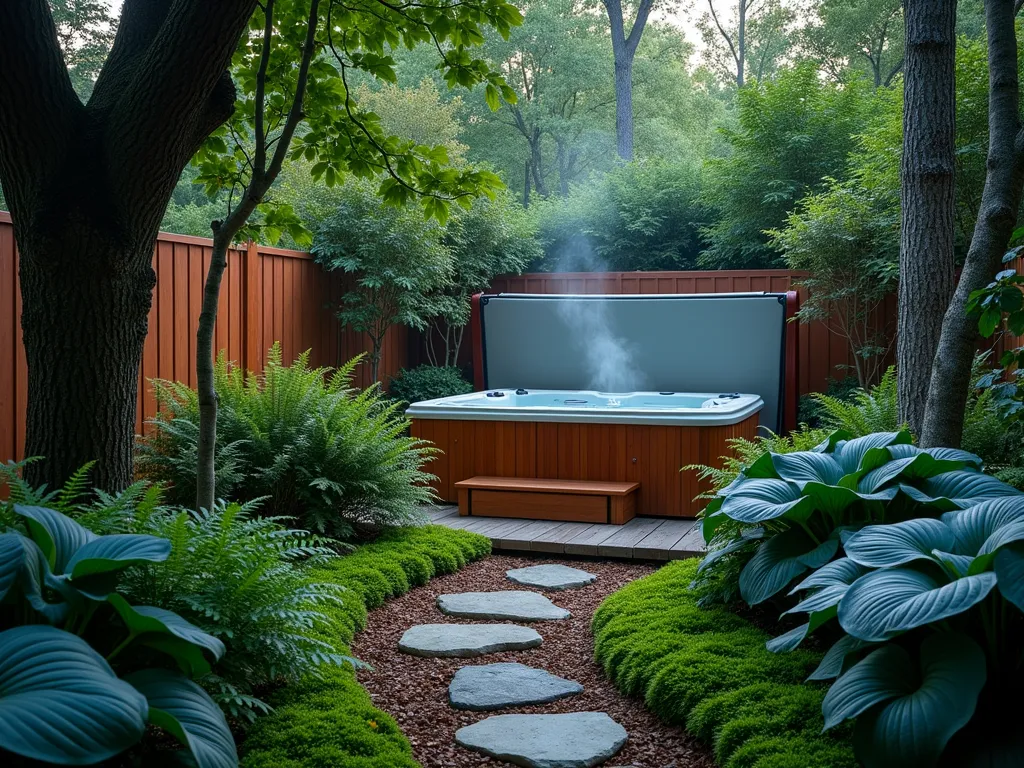 Secluded Woodland Hot Tub Haven - A serene twilight photograph of a luxury cedar hot tub nestled in a lush woodland garden setting, captured with a wide-angle 16-35mm lens at f/2.8. Natural stone stepping stones meander through a carpet of emerald moss and native ferns leading to the tub. Mature maple and birch trees create a natural canopy overhead, with dappled evening light filtering through. Large hostas with blue-green leaves frame the foreground, while natural bark mulch pathways add organic texture. Soft landscape lighting illuminates the scene, creating mysterious shadows among the foliage. Steam gently rises from the hot tub's surface, adding an ethereal quality. The composition emphasizes the integration of modern luxury with untamed natural elements, photographed from a slightly elevated angle to showcase the harmonious garden design