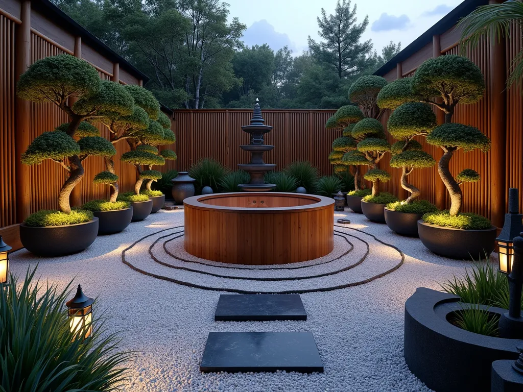 Tranquil Zen Hot Tub Garden Sanctuary - A serene twilight scene of a luxurious wooden hot tub nestled within a meticulously designed Japanese zen garden. The hot tub is surrounded by carefully raked white gravel patterns creating concentric circles, with elegant black granite stepping stones leading to the tub. Tall bamboo screens provide privacy and cast gentle shadows in the warm evening light. Masterfully pruned cloud-form bonsai trees in ceramic planters frame the scene, while a small granite water fountain creates a peaceful cascade nearby. Soft landscape lighting illuminates the natural elements, creating a mystical atmosphere. Traditional stone lanterns dot the pathway, and ornamental grass sways gently in the background. The scene is captured from a wide angle, showing the harmonious integration of all elements in this meditative outdoor retreat.