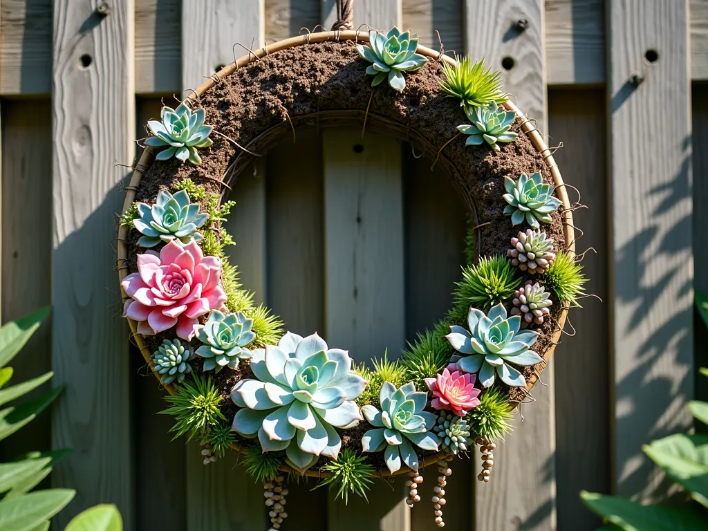 Vertical Succulent Hoop Garden - A stunning circular living wreath made from a large hula hoop mounted on a rustic wooden fence, photographed in natural sunlight. The hoop is completely wrapped in chicken wire and filled with soil, featuring an artful arrangement of colorful succulents in various sizes and textures. Echeveria rosettes in pink and blue-green tones, trailing string of pearls, and spiky aloe varieties create a lush, three-dimensional display. Small clusters of sedum and haworthia fill the spaces between larger specimens. The circular garden casts gentle shadows on the weathered fence behind it, while some trailing succulents gracefully spill over the edges. Professional garden photography, soft bokeh background, 4K HD quality.