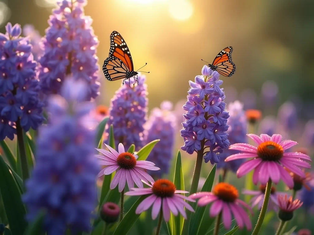 Spring Butterfly Haven with Hyacinths - A dreamy garden scene at dawn with morning light filtering through, featuring clusters of vibrant purple and pink hyacinths in full bloom alongside early-blooming butterfly-friendly perennials like purple coneflowers and lantana. Several butterflies hover gracefully over the flowers, with one monarch butterfly prominent in the foreground landing on a hyacinth bloom. Dew drops sparkle on the flowers, creating a magical atmosphere. The garden is photographed from a low angle to create depth, with soft bokeh effects in the background.