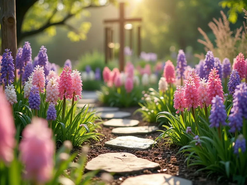 Whimsical Children's Hyacinth Sensory Garden - A magical children's garden setting photographed at child's eye level, featuring clusters of pink, purple, and white hyacinths in full bloom. Winding stepping stones lead through the garden, bordered by soft lambs ear plants and colorful sensory elements. Ornamental grasses sway in the background, while butterfly-attracting flowers add movement. Natural wooden posts with wind chimes create musical elements. The scene is captured in warm, late afternoon sunlight, creating a dreamy, enchanted atmosphere. Photographic style, high detail, soft bokeh effect.