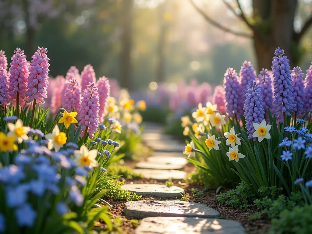 Enchanting Cottage Garden with Hyacinths - A dreamy, sunlit cottage garden scene with clusters of purple and pink hyacinths naturally mingling with soft blue forget-me-nots, yellow daffodils, and pale pink primroses. The flowers are arranged in a casual, informal style along a weathered stone pathway, creating depth and perspective. Morning dew glistens on the petals, while some flowers gently sway in a light breeze. The garden has a soft, painterly quality with a romantic, vintage atmosphere, featuring varying heights and textures that create a lived-in, established look. Photographic style, magical morning light, ultra-detailed flowers, cinematic composition.