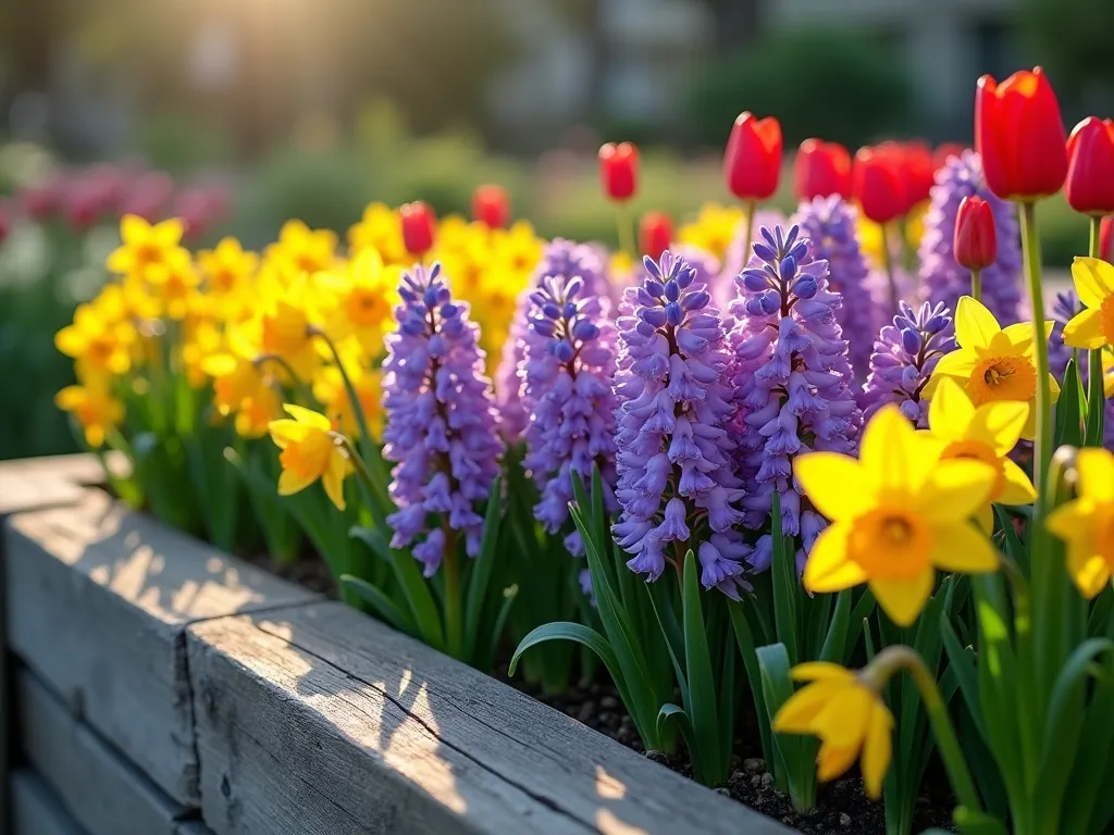 Elevated Spring Garden Display - A beautiful raised garden bed with weathered cedar planks, featuring layers of blooming purple and pink hyacinths, yellow daffodils, and red tulips in full spring bloom. The raised bed is approximately 2 feet high, allowing for an intimate view of the flowers. Soft morning light illuminates the flowers, creating a dreamy atmosphere. The flowers are densely planted in a naturalistic pattern, with hyacinths as the focal point. The background is slightly blurred, showing a well-maintained garden. Photorealistic style, high detail.