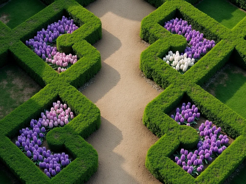 Formal Hyacinth Knot Garden Pattern - Aerial view of an elegant formal garden featuring a symmetrical knot pattern design. Vibrant purple, pink, and white hyacinths create intricate geometric patterns within clean-lined boxwood hedges. The garden design showcases a classical Renaissance-inspired layout with perfectly manicured borders. Morning dew glistens on the flowers, soft natural lighting enhances the formal garden's grandeur. Professional landscape photography style, high detail, crisp focus.