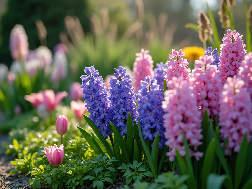 Four-Season Layered Garden Border - A lush, professionally landscaped garden border photographed in spring, showing blooming purple and pink hyacinths in the foreground mixed with emerging daylily and hosta foliage. Behind them, early-blooming hellebores and emerging peonies create depth. Ornamental grasses and small evergreen shrubs provide structure in the background. Soft morning light illuminates the scene, with dew drops glistening on the flowers. Photorealistic, high-end garden photography style, f/2.8 depth of field, 8k resolution.