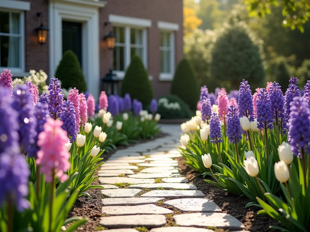 Enchanting Hyacinth Entry Garden - A welcoming garden path leading to an elegant front door, lined with vibrant purple and pink hyacinths in full bloom. Soft morning light illuminates the scene, with dew drops glistening on the flowers. White tulips and yellow daffodils are interspersed among the hyacinths, while perfectly manicured boxwood shrubs and small evergreen topiaries provide structure along the walkway. Natural stone pavers create a winding path, with soft purple and pink blooms spilling onto its edges. A classic copper lantern hangs near the door, complementing the romantic cottage garden style.