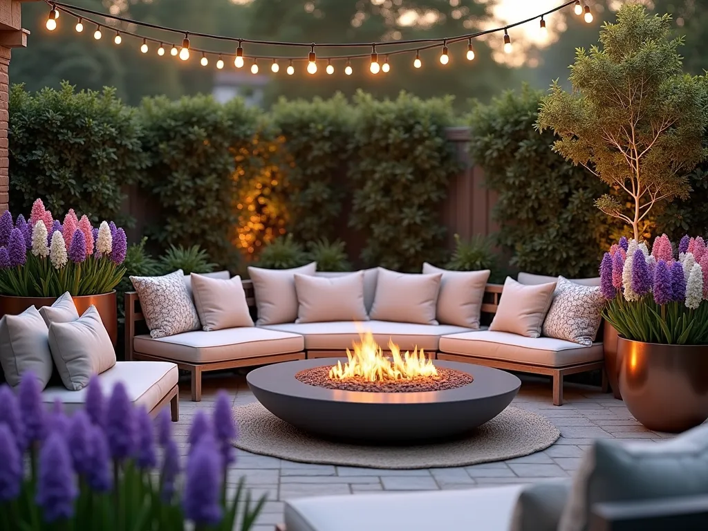 Cozy Hyacinth-Bordered Outdoor Living Space - A serene outdoor living room setting at golden hour, featuring plush contemporary outdoor furniture with neutral cushions arranged around a modern fire pit. Lush purple, pink, and white hyacinths bloom abundantly in elegant raised copper planters and terracotta containers strategically placed around the seating area. Soft evening light filters through the flowers, creating a warm and intimate atmosphere. The space includes comfortable loungers and accent pillows, with string lights overhead adding a magical ambiance. Photorealistic, high-end garden design, architectural photography style.