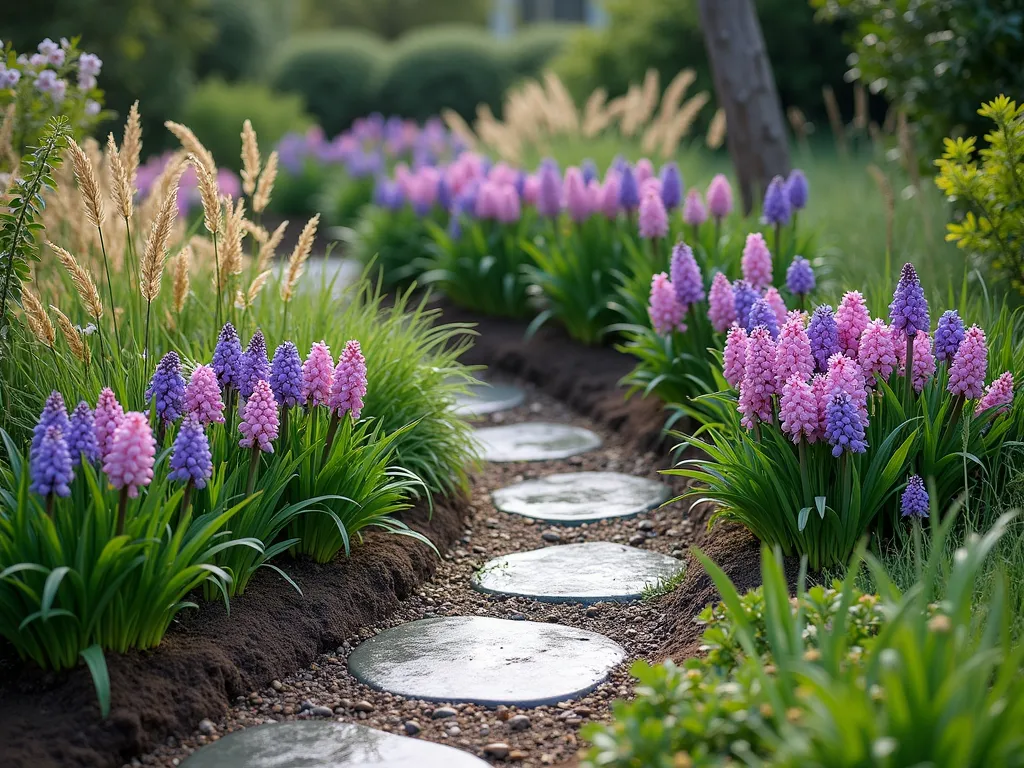 Hyacinth Rain Garden Border - A serene, naturalistic rain garden with purple and pink hyacinths elegantly planted along its elevated edges, creating a terraced effect. The blooming hyacinths frame the gently sloping basin filled with ornamental grasses and wetland plants. Early morning light casts a soft glow on the dewdrops clinging to the hyacinth blooms, while a stone path meanders alongside. The garden demonstrates beautiful water-wise landscaping with strategic placement of flowering bulbs.