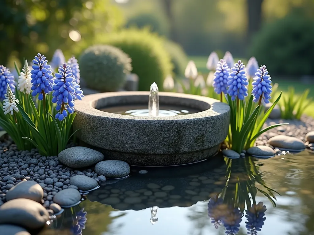 Hyacinth Water Feature Reflection - A serene garden scene featuring a circular stone water fountain surrounded by blooming blue and white hyacinths, their delicate flowers perfectly reflected in the still water. The garden bed is artfully arranged with decorative gravel and natural stones, creating a tranquil waterside tableau. Soft morning light illuminates the scene, creating a dreamy atmosphere with gentle water ripples catching the sunlight. Photorealistic, high detail, soft focus background, 8k quality.