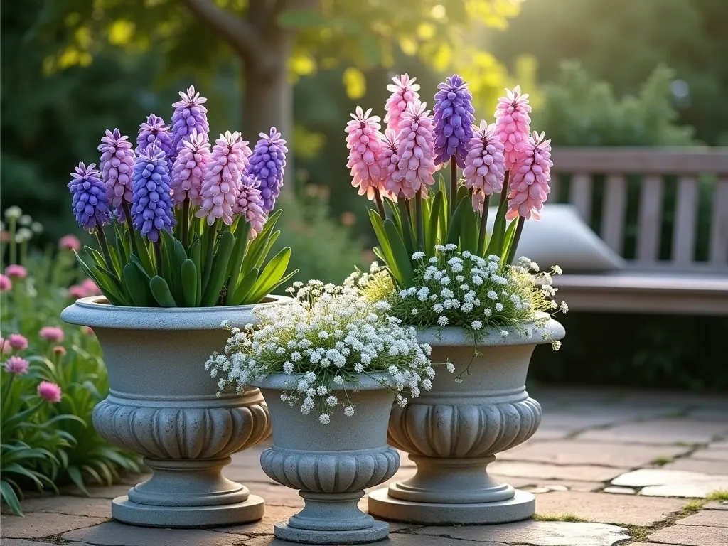 Elegant Layered Hyacinth Container Garden - A sophisticated outdoor seating area featuring three elegant stone containers of varying heights arranged artistically. The tallest container stands 3 feet high, with cascading purple and pink hyacinths in full bloom. The medium and lower containers showcase white hyacinths intermingled with delicate white sweet alyssum spilling over the edges. Soft evening light illuminates the scene, with subtle mist capturing the fragrant atmosphere. The containers have a weathered patina finish, creating a romantic cottage garden feel. A comfortable wooden bench is partially visible in the background, suggesting an intimate seating area.