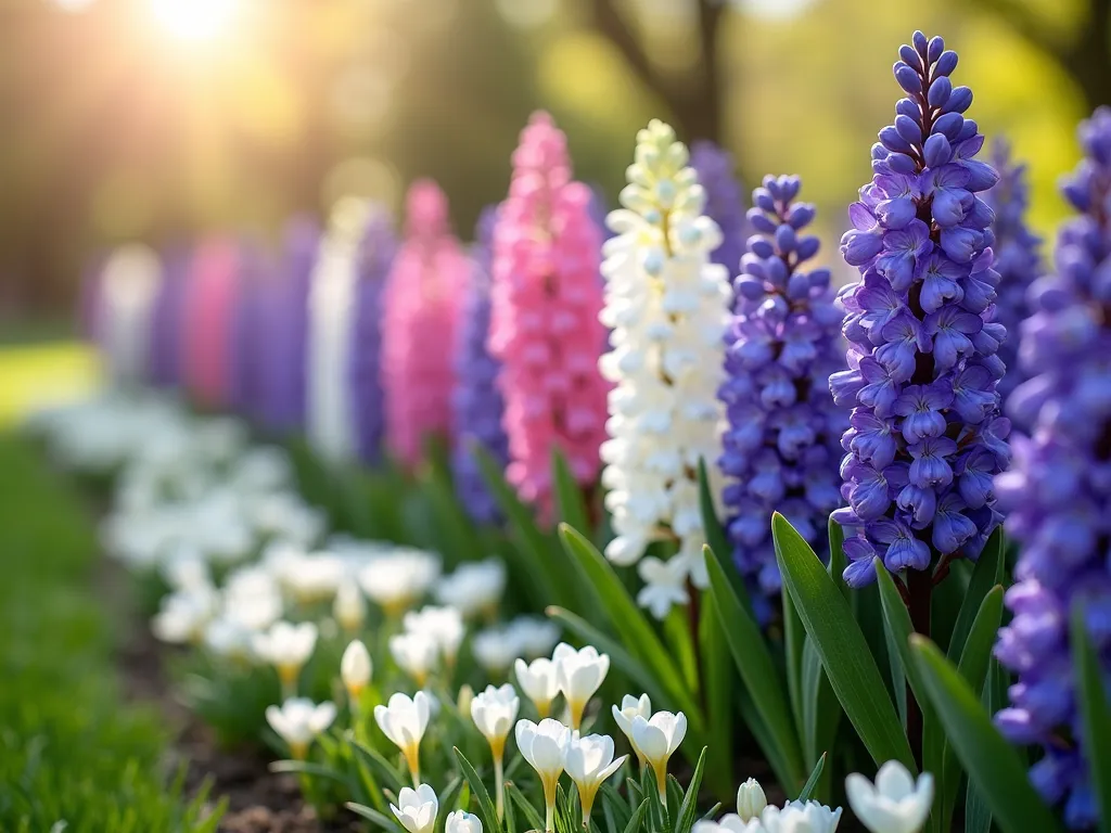 Layered Spring Bulb Border in Full Bloom - A dreamy, professionally photographed garden border with three distinct layers of spring flowers in full bloom. In the back row, tall purple and white hyacinths stand majestically at 10-12 inches. The middle section showcases a mix of pink and blue hyacinths at medium height, creating a soft color transition. The front layer features a carpet of delicate grape hyacinths (Muscari) and white crocuses, intermingling to create a tapestry effect. Early morning sunlight filters through the flowers, highlighting their delicate petals and creating a magical atmosphere. The border curves gently, adding depth and visual interest, while a soft bokeh effect in the background enhances the dreamy spring atmosphere.