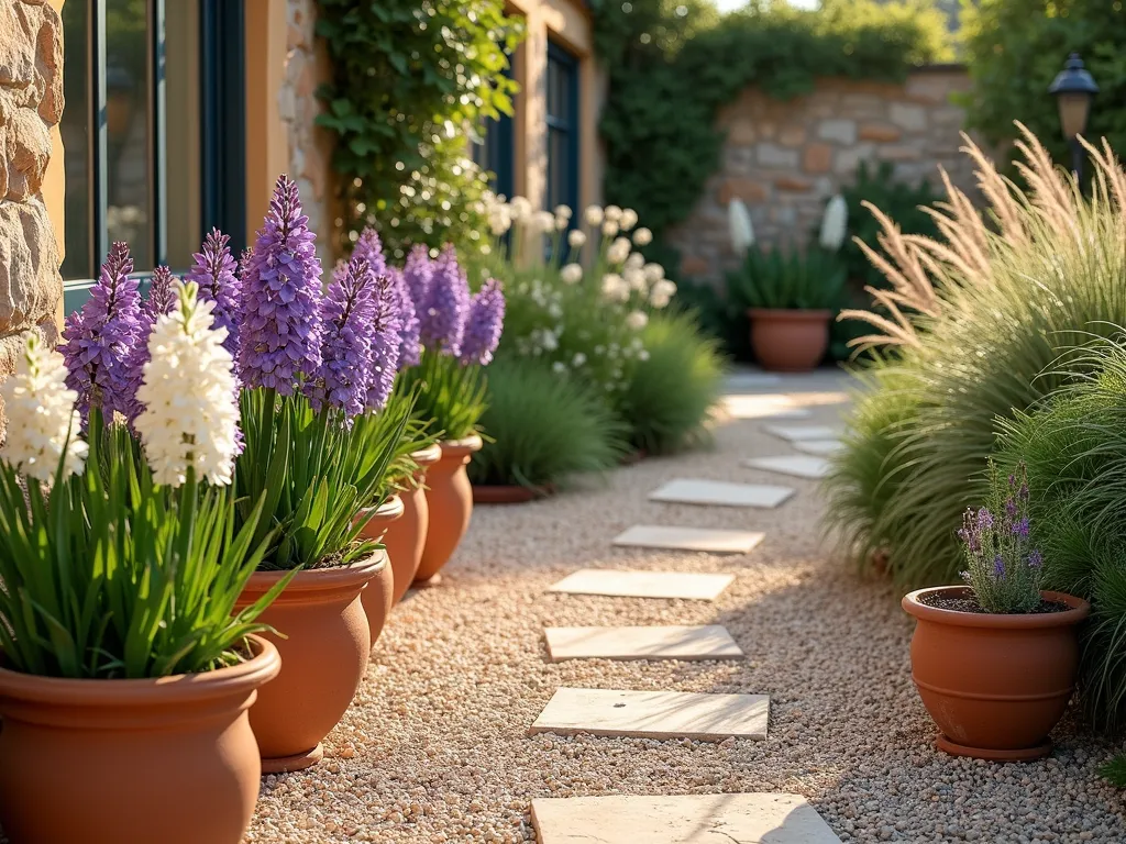 Mediterranean Hyacinth Garden with Lavender - A sun-drenched Mediterranean garden terrace featuring clusters of purple and white hyacinths blooming alongside swaying lavender and feathery ornamental grasses. Artfully arranged terracotta pots of various sizes contain the plantings, with light-colored gravel mulch creating pathways between. The scene is captured in warm, golden evening light, highlighting the textural contrast between the plants. A weathered stone wall in the background adds authenticity to the Mediterranean atmosphere. Photorealistic, high detail, botanical garden photography style.