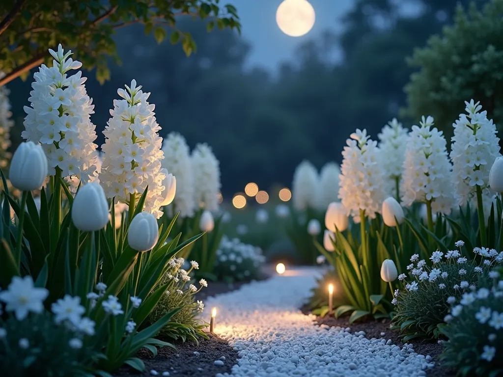 Ethereal Moonlight Hyacinth Garden - A serene nighttime garden scene bathed in soft moonlight, featuring elegant clusters of pure white hyacinths in full bloom. The flowers are arranged in graceful sweeping curves, complemented by white tulips, ivory narcissus, and pale white clematis. Silver-leafed plants add texture, while strategically placed garden lights create a gentle, luminous glow. Dewdrops on petals sparkle like tiny stars, captured in a dreamy, atmospheric photographic style. The garden path is lined with white pebbles that reflect the moonlight, creating an enchanting, ethereal atmosphere. Photorealistic, high detail, magical evening ambiance.