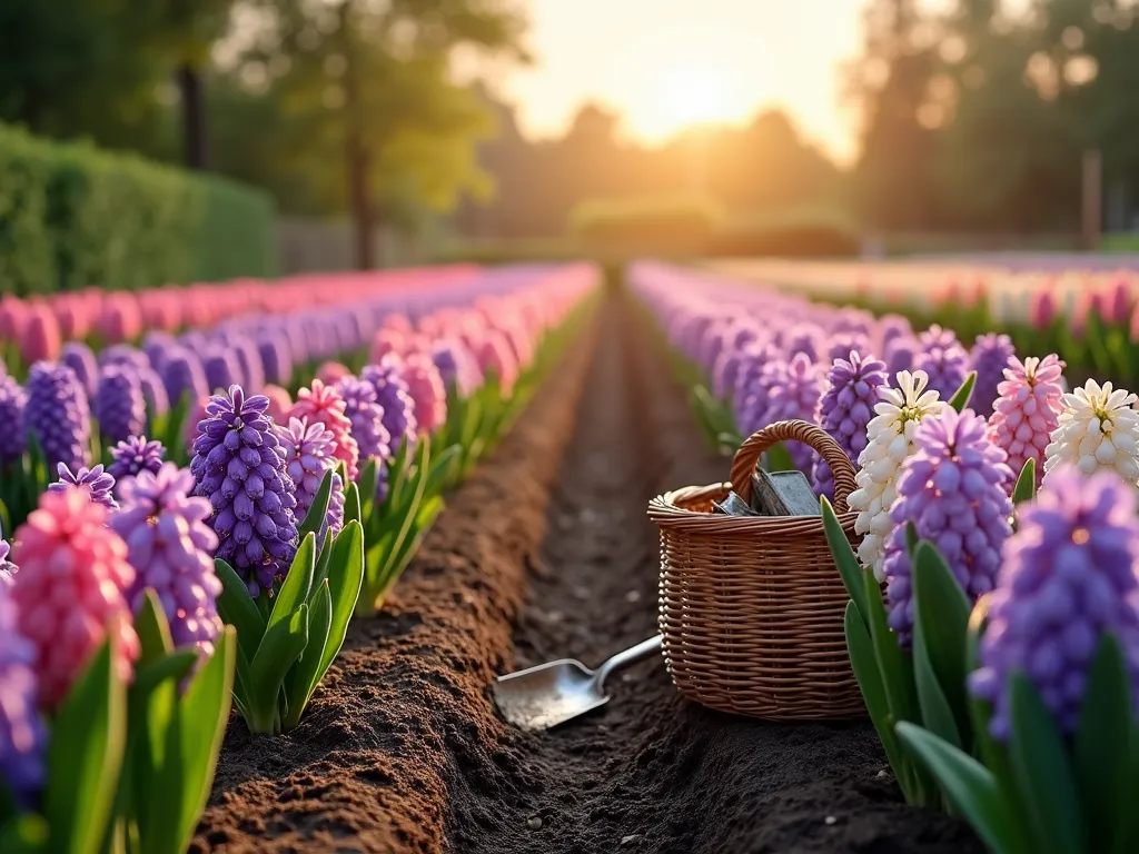 Organized Hyacinth Cutting Garden - A serene garden scene with neat rows of blooming hyacinths in complementary shades of purple, pink, and white, stretching towards the horizon during golden hour. The flowers are planted in perfectly straight lines with mulched paths between them, creating an organized pattern. Gardening tools and a vintage wicker basket rest nearby, suggesting a cutting garden ready for harvest. Soft, natural lighting highlights the delicate flowers, while morning dew sparkles on the petals. Photorealistic, high detail, award-winning garden photography style.