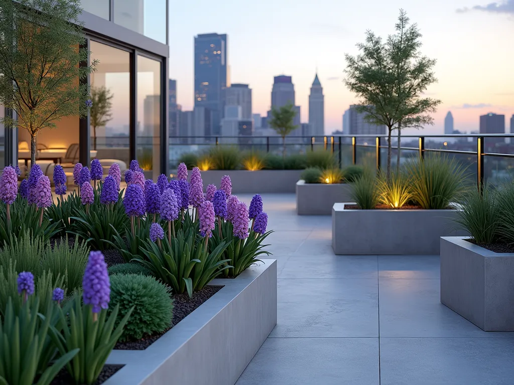 Urban Rooftop Hyacinth Sanctuary - A modern rooftop garden terrace with glass wind barriers, featuring elegant containers filled with blooming purple and pink hyacinths. Architectural concrete planters of varying heights contain drought-resistant lavender and ornamental grasses swaying gently. The hyacinths are planted in sleek, contemporary light-colored containers with perfect drainage. Soft evening lighting illuminates the scene, with a city skyline visible in the background. The arrangement creates a serene and protected urban oasis with a harmonious blend of textures and heights.