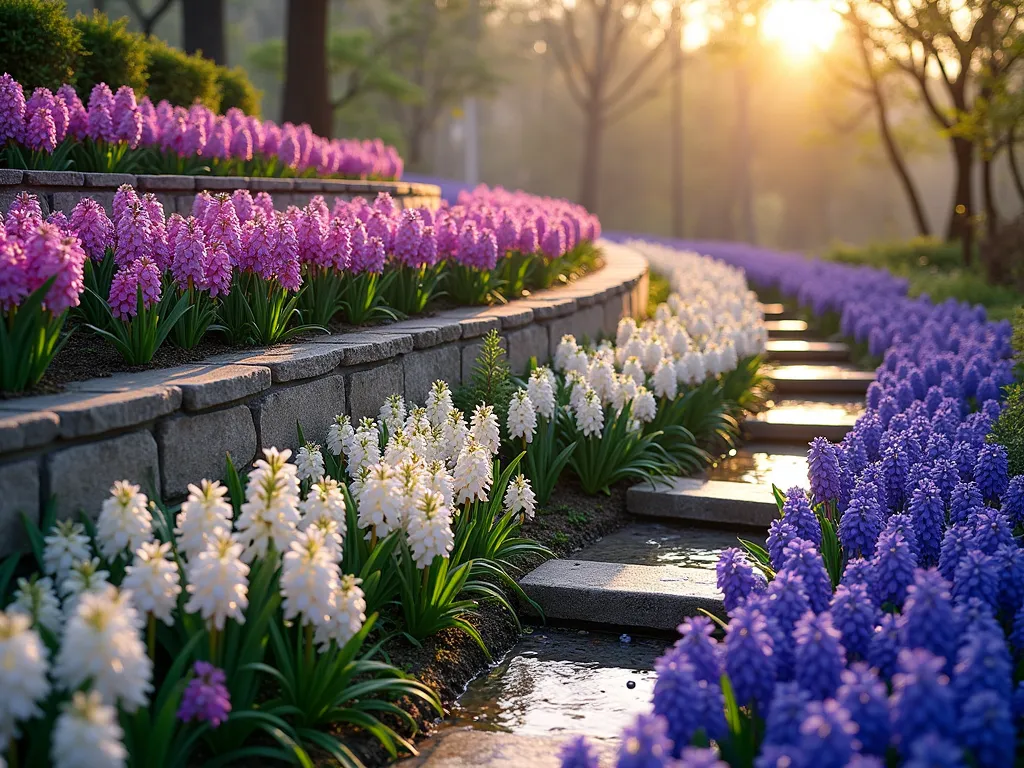 Terraced Hyacinth Garden Cascade - A stunning terraced garden with multiple stone-walled levels cascading down a gentle slope, photographed during golden hour. Each level showcases a different colored hyacinth in full bloom - deep purple on top, followed by pink, then white, and finally blue hyacinths on the bottom terrace. The flowers are densely planted creating ribbons of color. Natural stone steps weave between the terraces, with small groundcover plants softening the edges. Morning dew glistens on the flowers, creating a magical atmosphere. Photorealistic, high detail, soft natural lighting.