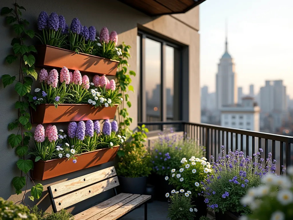 Vertical Hyacinth Balcony Garden - A cozy urban balcony with a sophisticated vertical garden setup, featuring multiple tiers of wall-mounted copper planters filled with blooming purple and pink hyacinths. Cascading ivy and delicate creeping jenny spill over the edges, while compact white daisies and blue forget-me-nots create a lush spring display. Soft morning light illuminates the scene, highlighting the textural contrast between the flowers. A small rustic wooden bench sits below, with the city skyline visible in the soft-focused background. Photorealistic style, architectural photography.