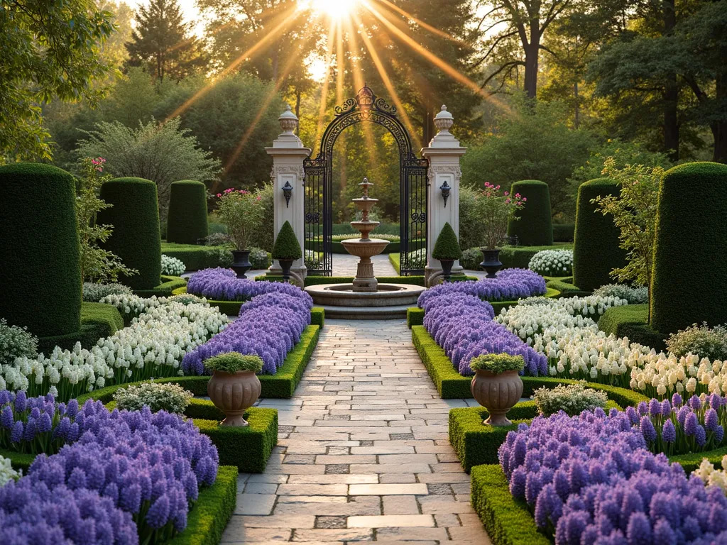 Victorian Heritage Hyacinth Garden - A grand Victorian-style garden at golden hour, featuring symmetrical beds of heritage purple and white hyacinths in formal geometric patterns. Ornate wrought iron gates and weathered stone pathways lead to a classical stone fountain. Perfectly manicured boxwood hedges frame the beds, while heritage roses climb antique copper obelisks. Vintage terracotta planters and historical garden ornaments accent the scene. The composition includes period-authentic daffodils and tulips as companion plants. Shot from a slightly elevated angle to showcase the intricate garden design patterns, with soft, dreamy lighting filtering through mature trees.