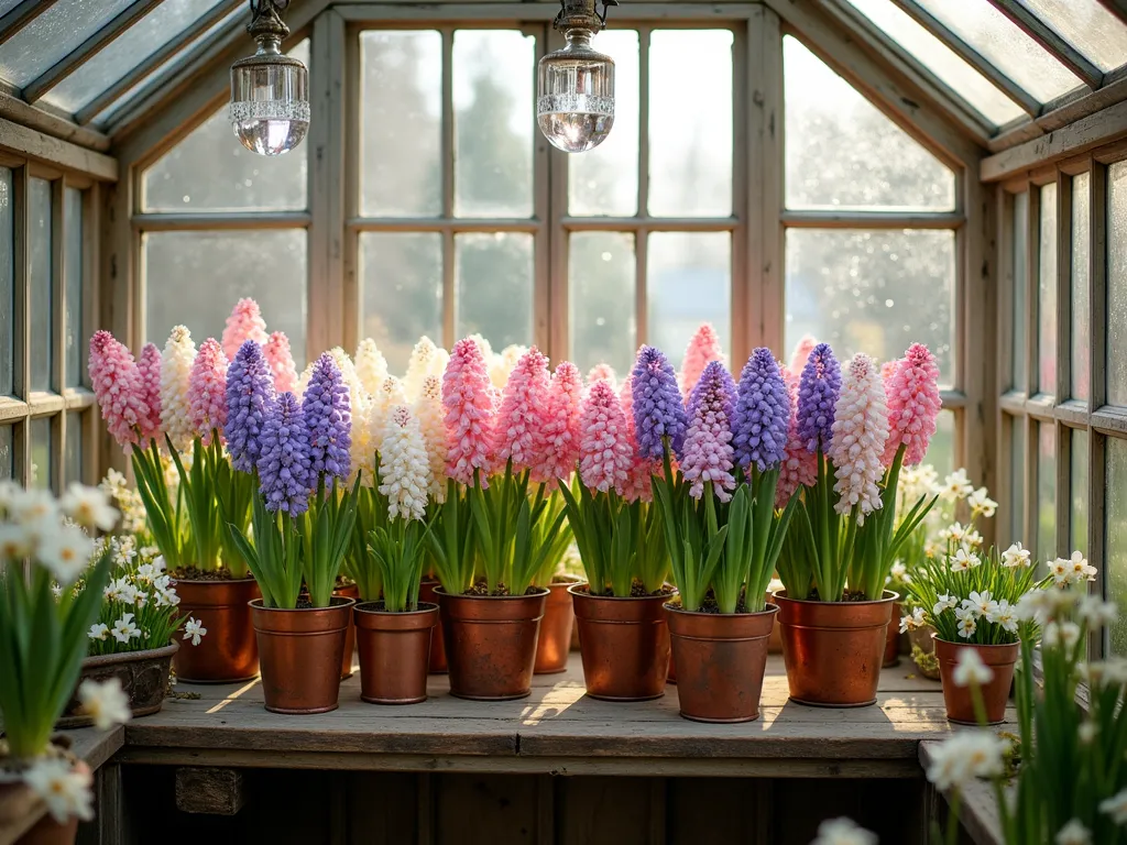 Victorian Greenhouse Hyacinth Display - A sunlit Victorian-style greenhouse interior with rows of blooming hyacinths in vintage copper pots and antique glass forcing vases. Soft morning light streams through the glass panels, illuminating a collection of pink, purple, and white hyacinths at different stages of growth. Delicate paperwhite narcissus and early tulips complement the display on weathered wooden shelving. Crystal prisms hanging from the greenhouse frame cast rainbow reflections across the elegant botanical scene, with condensation droplets adding a magical atmosphere.