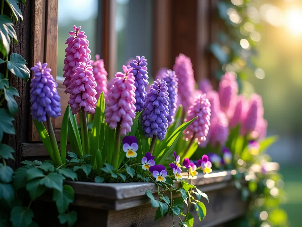 Charming Window Box with Cascading Hyacinths - A close-up photographic view of an elegant European-style window box mounted beneath a rustic window, overflowing with vibrant purple and pink hyacinths in full bloom. Dark green ivy cascades gracefully over the weathered wooden box edges, while delicate purple and yellow pansies peek through between the hyacinth blooms. Morning sunlight filters through the slightly open window, creating a dreamy atmosphere. Soft bokeh effect in background, with the hyacinth flowers in sharp focus showing their intricate petal details. Dew drops glisten on the flowers, suggesting early morning freshness.