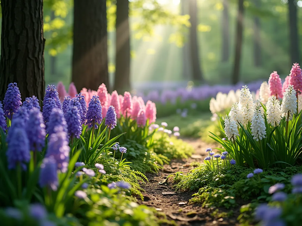 Enchanted Woodland Hyacinth Border - A dreamy spring garden scene at the edge of a woodland, photographed in soft morning light. Purple, pink, and white hyacinths create a naturalistic border between a shaded wooded area and sunny garden space. The hyacinths blend seamlessly with native ferns, trilliums, and woodland wildflowers. Dappled sunlight filters through tall trees in the background, creating a magical atmosphere. Gentle shadows play across the garden, highlighting the textural contrast between the structured hyacinth blooms and the delicate woodland plants. Photorealistic, high detail, soft bokeh effect, cinematic lighting.