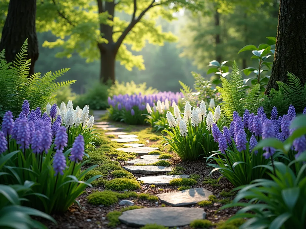 Enchanted Woodland Hyacinth Path - A serene, dappled-light garden path winding through a woodland setting, lined with clusters of blooming purple and white hyacinths. Lush green ferns cascade over the path's natural stone edges, while mature hostas provide broad-leafed texture in the background. Filtered sunlight creates magical light spots on the ground, with moss-covered stones peeking through the naturalized carpet of hyacinths. The path curves gently into mysterious woodland shadows, creating a dreamy, ethereal atmosphere with a soft depth of field effect. Photorealistic, high detail, morning light.