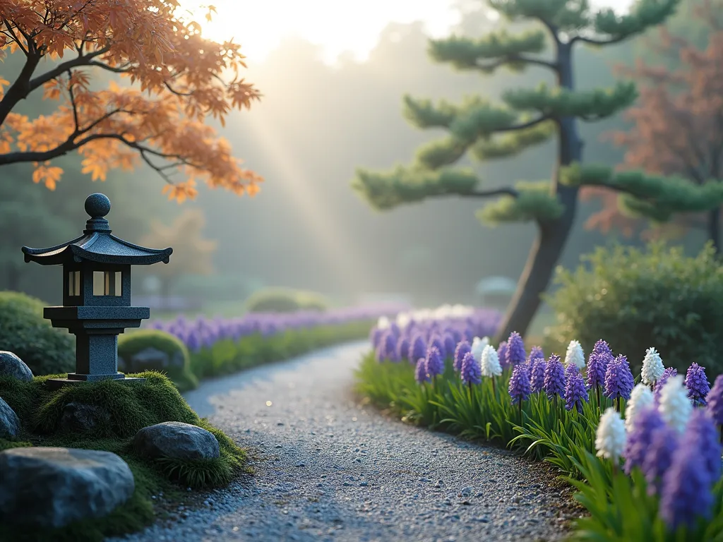 Zen Hyacinth Garden Path - A serene Japanese garden scene at dawn with soft morning mist, featuring a curved gravel path lined with carefully placed purple and white hyacinths. Traditional stone lantern in the foreground, with moss-covered rocks and a small bamboo water feature. Minimalist composition with perfectly manicured Japanese maple in the background. Photorealistic, high detail, soft natural lighting, 8k quality.