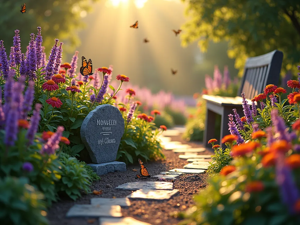 Serene Butterfly Memorial Garden at Dawn - A serene dawn garden scene captured with a 16-35mm lens at f/2.8, ISO 400. A winding garden path leads through a lush butterfly garden filled with blooming butterfly bushes, vibrant purple lantana, and multicolored zinnias. Morning sunlight filters through the flowers, creating a dreamy atmosphere with golden bokeh. Several monarch and swallowtail butterflies hover around the flowers. A decorative memorial stone nestles among the plantings, while a rustic wooden bench provides a peaceful spot for reflection. Soft morning mist adds depth to the scene, with dew drops glistening on the flower petals. The garden features layered plantings in purple, pink, and orange hues, creating a harmonious and emotionally resonant space.