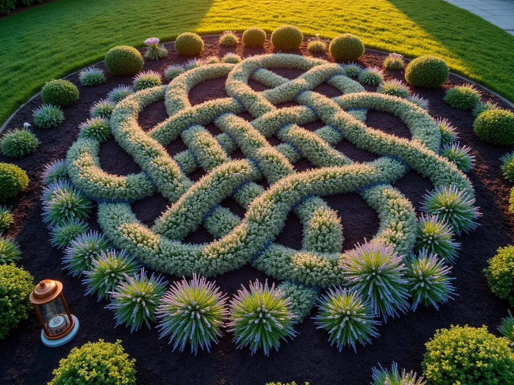 Celtic Knot Memorial Garden at Sunset - A mesmerizing aerial view of a Celtic knot garden pattern at golden hour, featuring intricate pathways of thyme, lavender, and sage creating an eternal knot design. The low-growing herbs form continuous loops and crossings in varying shades of silver, purple, and green against dark mulch. Soft sunset light casts long shadows across the pattern, highlighting its dimensional quality. Small copper garden lanterns mark the corners, their warm glow beginning to emerge. The garden is bordered by tall ornamental grasses that sway gently in the evening breeze, creating a sense of movement and life. Shot with a 16-35mm lens at f/2.8, ISO 400, capturing the rich textures and subtle color variations in the herbs and the ethereal quality of the fading daylight.