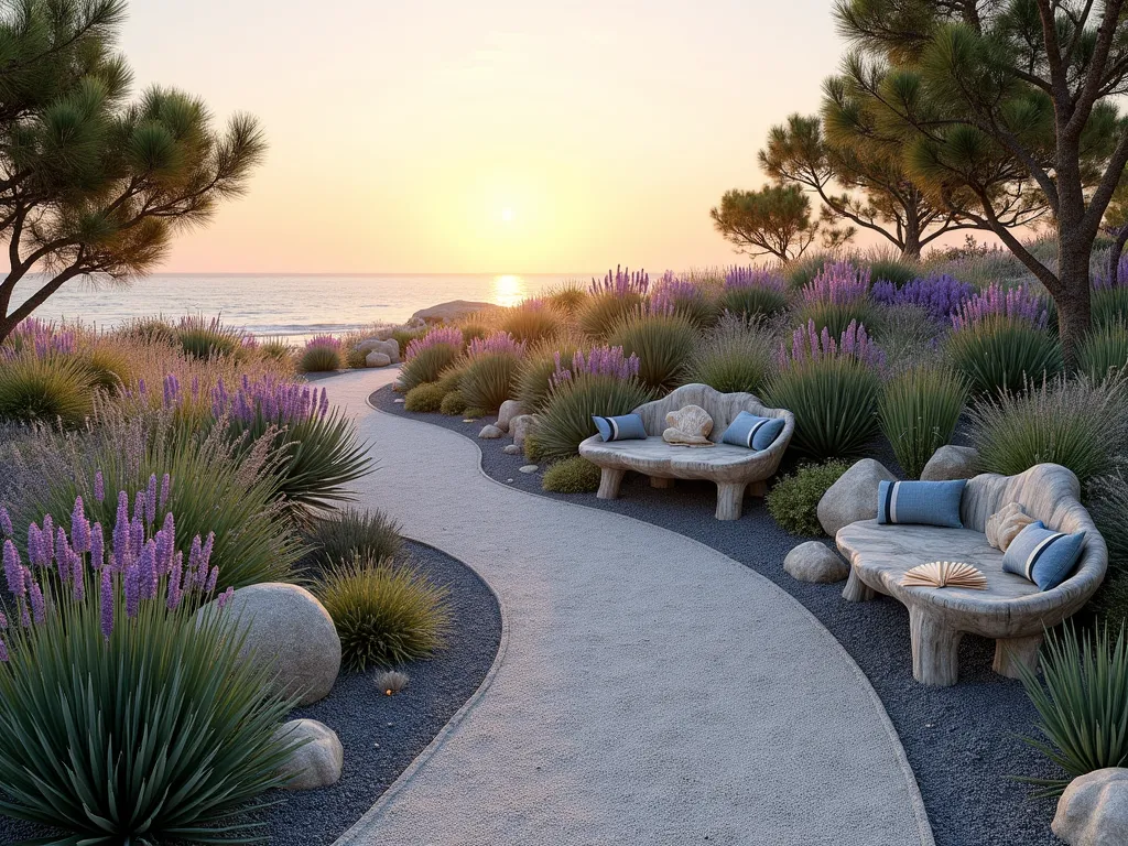 Coastal Memorial Garden at Sunset - A serene coastal garden at golden sunset, featuring graceful sea grasses and lavender swaying in the ocean breeze. Wide-angle view of a curved pathway made of crushed shells mixed with light gray ashes, leading through drought-resistant coastal plants. Weathered driftwood benches and artistic arrangements of large seashells create focal points. Silver-blue sea holly and natural beach grass provide texture, while hardy Russian sage adds purple highlights. Soft, warm lighting filters through strategically placed coastal pines. Natural stone borders contain beds of salt-tolerant succulents. A small meditation area includes a driftwood memorial piece surrounded by coastal roses and beach vitex. Beachy pastel colors dominate the scene, with soft blues, silvers, and sandy tones. Photorealistic, high detail, soft evening lighting.