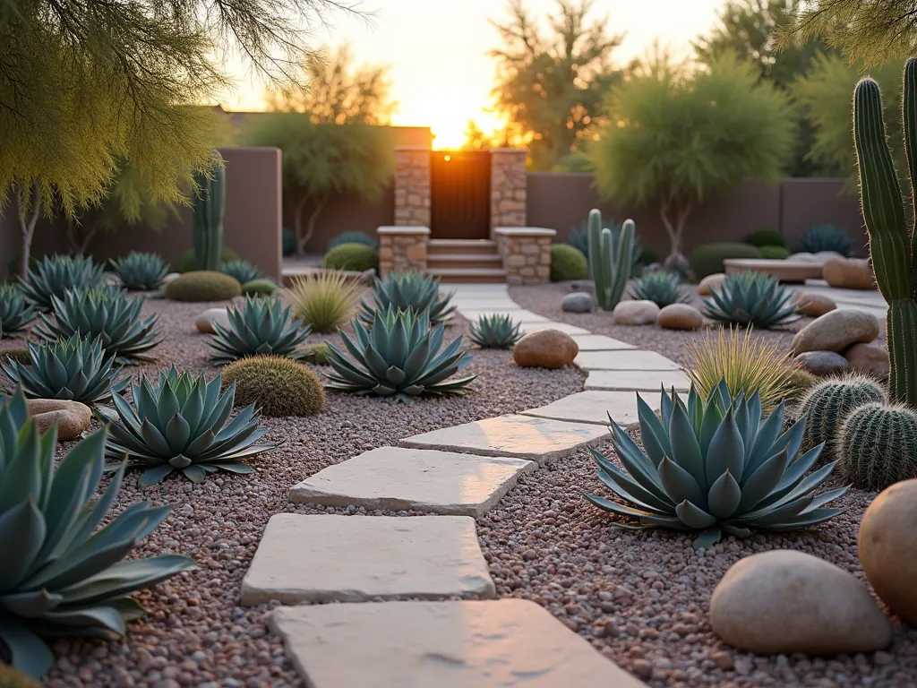 Desert Memorial Xeriscape at Sunset - A tranquil desert memorial garden at golden hour, photographed with a wide-angle lens capturing the serene landscape. Low-growing succulents in varying shades of blue-green and purple form elegant spiraling patterns around smooth river rocks. Agave plants create dramatic focal points, while golden barrel cacti add spherical elements. A rustic stone path winds through the garden, bordered by decomposed granite and decorative pebbles in warm earth tones. Small meditation areas feature natural stone benches surrounded by drought-tolerant plants. Soft sunset light casts long shadows across the textured landscape, highlighting the architectural forms of desert plants. Shot at f/2.8 with gentle depth of field blur in background elements.