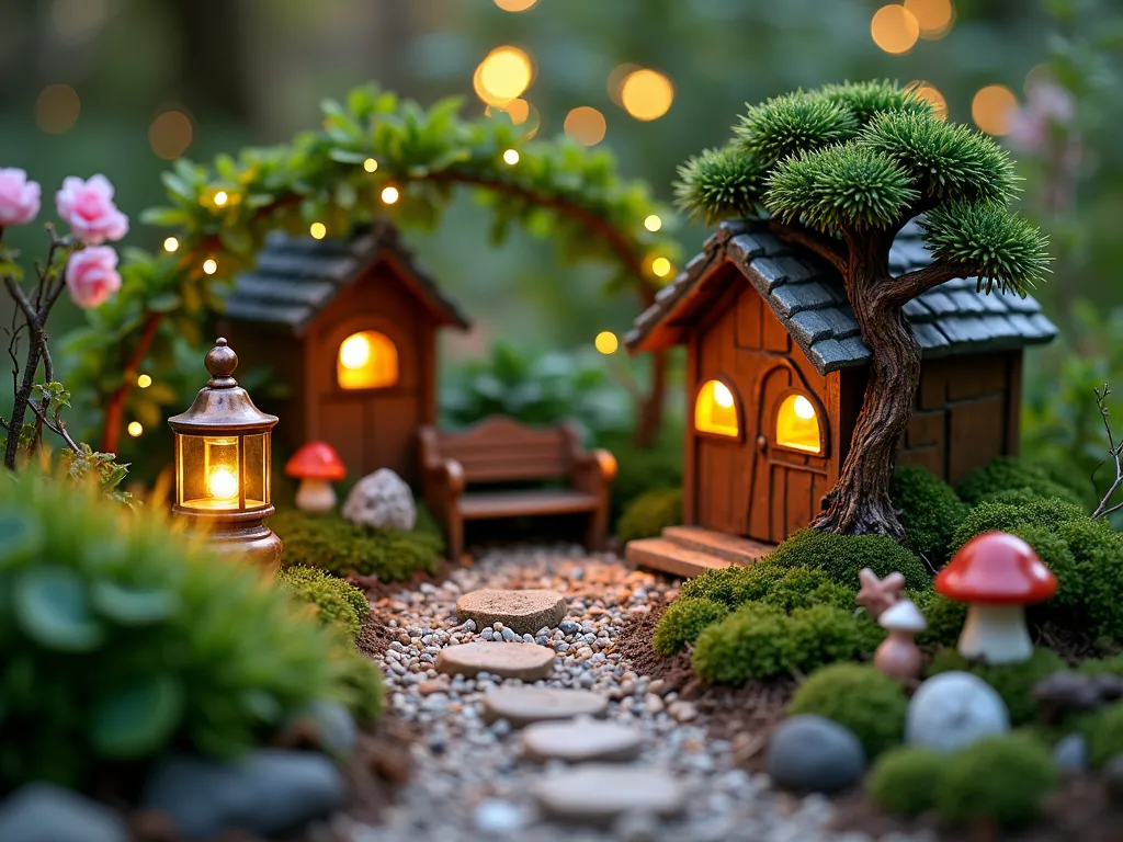 Enchanted Memorial Fairy Garden at Dusk - A magical close-up shot of a miniature fairy garden memorial at dusk, nestled in a peaceful corner of a larger garden. Soft, warm lighting from tiny LED lanterns illuminates a delicate scene featuring a hand-crafted stone pathway dusted with memorial ashes mixed into the gravel. Miniature evergreen bonsai and dwarf mondo grass create a living backdrop for a beautifully detailed copper fairy cottage with a moss-covered roof. Tiny ceramic mushrooms and crystal formations emerge from beds of baby tears plants and Irish moss. A diminutive bronze bench sits beneath a naturally formed arch of miniature climbing roses, while delicate fairy lights twinkle among the foliage. Shot with shallow depth of field to create a dreamy, ethereal atmosphere, with bokeh effects from the garden lights in the background. Professional digital camera, 35mm, f/2.8, ISO 400, capturing the magical transition between day and night.