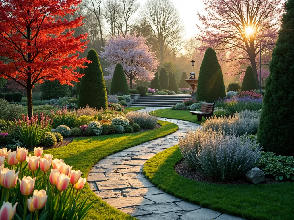 Four-Season Memorial Garden Sanctuary - A serene, meticulously landscaped garden photographed at golden hour, showcasing distinct zones for each season. In the foreground, spring tulips and daffodils emerge alongside blooming cherry blossoms. The middle ground features summer perennials including lavender, roses, and hydrangeas in full bloom. The background transitions to autumn with Japanese maples displaying vibrant red foliage and ornamental grasses. Winter interest is provided by sculptural blue spruce and boxwood hedges dusted with frost. Stone pathways wind through the garden, connecting the seasonal areas, while a copper memorial sundial serves as a central focal point. Natural stone benches offer peaceful resting spots. Shot with soft, warm lighting highlighting the garden's layered design and peaceful atmosphere. 8K resolution, deep depth of field capturing intricate plant details.