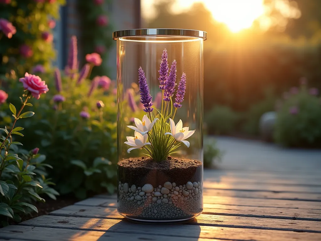 Glass Memorial Planter at Sunset - A close-up shot of an elegant cylindrical glass planter at sunset, featuring a sealed inner chamber containing memorial ashes surrounded by a beautiful arrangement of blooming purple lavender and white peace lilies. The planter sits on a weathered wooden deck corner, with soft golden sunlight filtering through the glass, creating a ethereal glow around the ashes. The surrounding garden is visible in the background, with climbing roses and ambient garden lights creating a peaceful, serene atmosphere. The planter's design is modern yet timeless, with clear glass walls revealing layers of decorative pebbles, soil, and the protected inner memorial chamber. Photorealistic, high detail, emotional lighting, shallow depth of field.