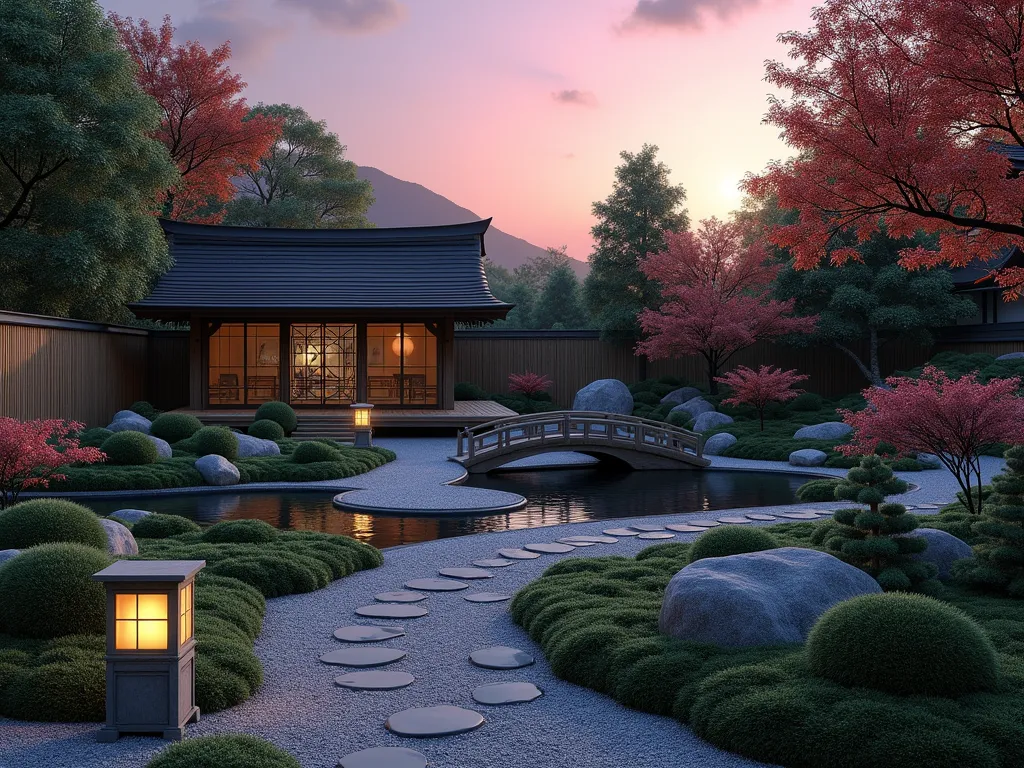 Serene Japanese Memorial Garden at Dusk - A stunning wide-angle view of a tranquil Japanese garden at dusk, featuring a winding stone path dusted with memorial ashes integrated into the gravel. Traditional stone lanterns cast a warm glow across a meticulously maintained space with carefully pruned Japanese maples casting dramatic shadows. A small wooden bridge crosses over a peaceful koi pond, surrounded by perfectly rounded azalea bushes and swaths of emerald moss gardens. Stone arrangements and boulders are thoughtfully placed according to Zen principles, with some featuring subtle ash incorporations in their crevices. The garden is bordered by bamboo fencing and features a simple wooden tea house in the background, its silhouette dramatic against the purple-orange sunset sky. Delicate ornamental grasses sway gently in the foreground, while a traditional tsukubai water basin sits quietly among stepping stones, photorealistic style, 8k resolution