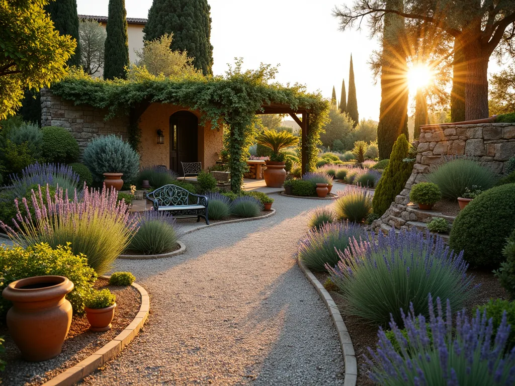 Mediterranean Ash-Enhanced Garden Paradise - A sun-drenched Mediterranean garden at golden hour, featuring winding gravel paths bordered by lush lavender and tall rosemary bushes. Ancient terracotta urns and weathered stone planters contain drought-resistant olive trees and cypress. The garden is terraced with rustic stone walls, while silvery-grey foliage plants create texture throughout. A wrought iron bench sits beneath a pergola draped with climbing bougainvillea. The soil appears rich and ashen-grey, highlighting the sustainable use of wood ash as a natural amendment. Warm evening light casts long shadows across the gravel, creating a serene and timeless atmosphere. Wide-angle perspective captures the entire garden layout, emphasizing the harmonious blend of Mediterranean elements.