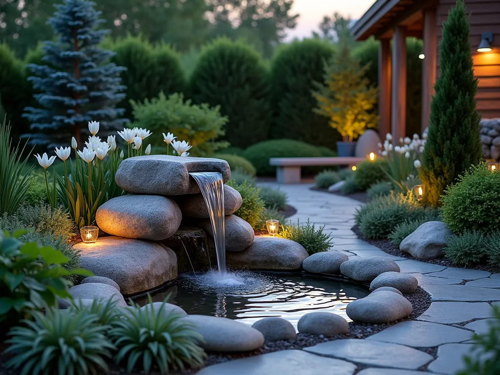 Tranquil Memorial Water Fountain Garden - Serene twilight scene of a curved stone water fountain in a private garden setting, with cascading water flowing over natural rocks embedded with memorial ashes. The fountain is surrounded by soft-glowing landscape lights and a thoughtful arrangement of white flowering plants including peace lilies, white roses, and Japanese forest grass. A rustic stone path leads to a small meditation bench, while delicate mist rises from the fountain's base. The water feature is nestled within a carefully designed garden bed with ornamental grasses and evergreen shrubs providing year-round structure. Subtle landscape lighting creates a peaceful ambiance as dusk settles.