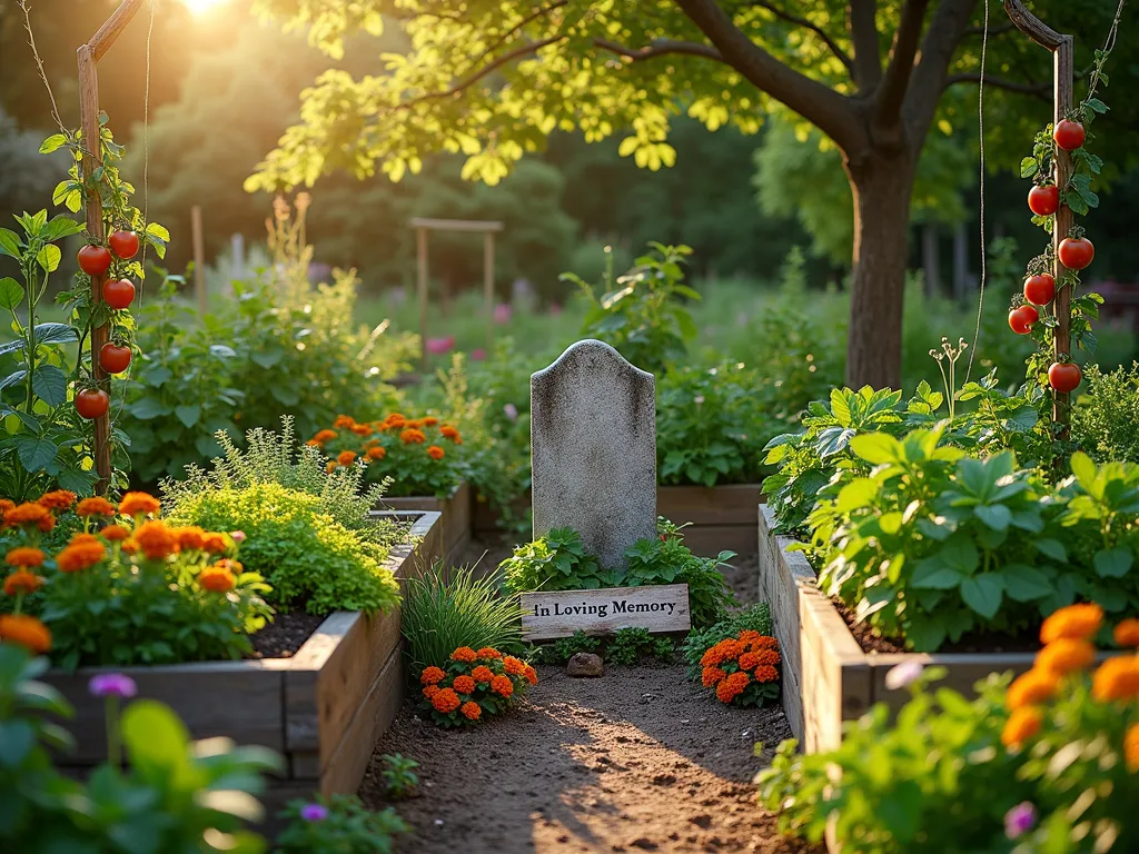 Sunset Memorial Kitchen Garden - A serene and productive kitchen garden at golden hour, shot in wide angle, featuring raised wooden beds arranged in a circular pattern around a central memorial stone. The beds overflow with ripening vegetables and herbs, their leaves catching the warm evening light. Heritage tomatoes climb weathered trellises while leafy greens and root vegetables thrive in ash-enriched soil. Colorful marigolds and nasturtiums border the beds, adding both beauty and functionality. A rustic wooden sign reads 'In Loving Memory' among flowering herbs. The scene is captured with a soft, ethereal quality, showing the integration of memorial and sustenance, with dappled sunlight filtering through nearby fruit trees.