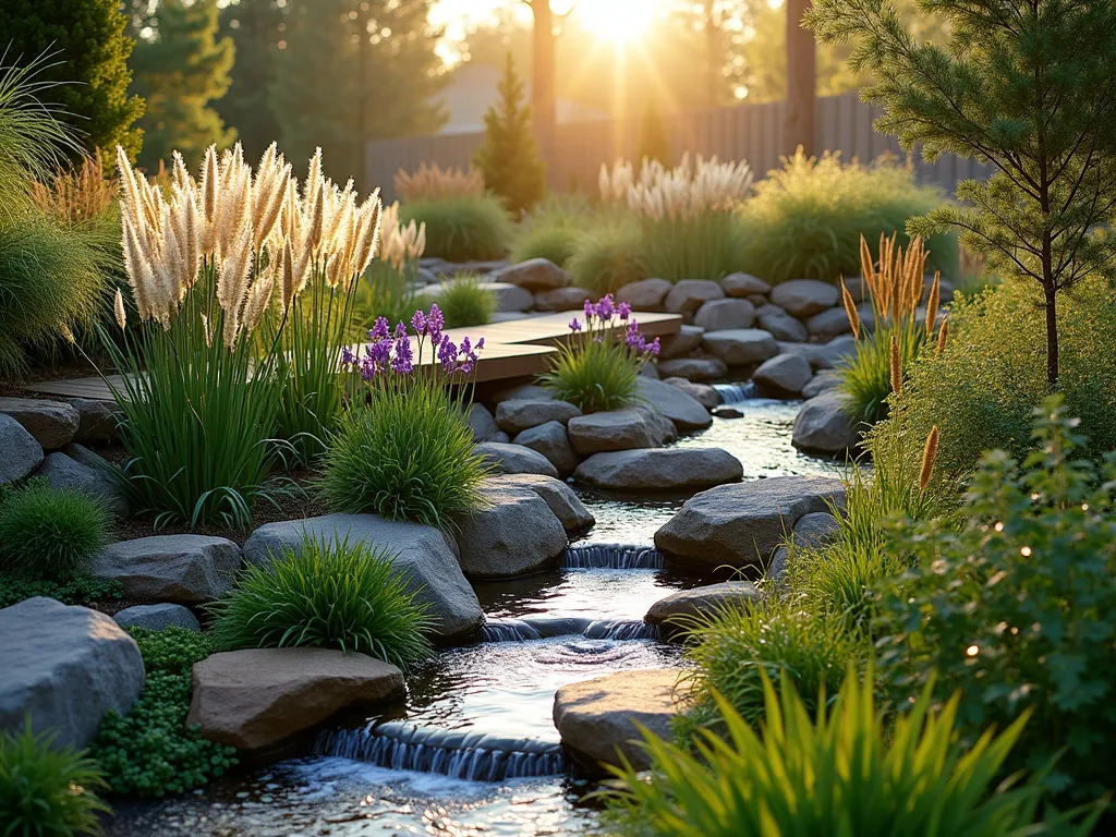 Serene Memorial Rain Garden at Dawn - A tranquil rain garden photographed at dawn, with golden morning light filtering through ornamental grasses. The terraced design features layers of natural stone retaining walls and tiered plantings of purple iris, native sedges, and swaying Switchgrass. A gentle stream of water flows through river rocks, while decorative stone markers blend harmoniously with the landscape. Dewdrops glisten on the foliage as early morning mist creates an ethereal atmosphere. Shot with a wide-angle perspective showcasing the garden's integration into a larger backyard landscape, with a wooden bridge crossing the bioswale. Japanese forest grass and ferns provide lush ground cover, while Blue Star Juniper adds year-round structure. Natural stone path winds through the garden, leading to a small meditation bench.