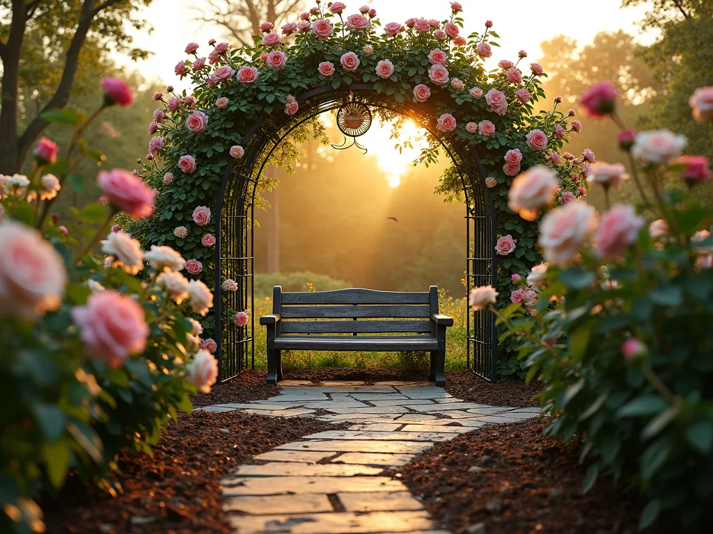 Memorial Rose Garden at Sunset - A serene and intimate garden scene at golden hour, featuring a circular memorial rose garden with climbing roses in full bloom. The roses, in shades of soft pink and cream, cascade over an elegant wrought iron arch. A rustic stone path winds through the garden, leading to a weathered wooden bench nestled among the roses. The low-angle sunlight filters through the rose petals, creating a warm, ethereal glow. In the foreground, freshly mulched soil shows signs of careful tending, while climbing roses frame the scene on both sides. Shot with a wide-angle lens to capture the full garden setting, with natural depth of field highlighting the romantic atmosphere. The garden appears lush and well-maintained, with roses thriving in the ash-enriched soil. Photorealistic, 16-35mm, f/2.8, ISO 400.