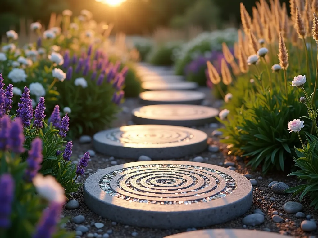 Memorial Garden Stepping Stones at Sunset - A serene garden pathway at golden hour, featuring handcrafted circular concrete stepping stones with elegant swirling patterns. The stones are adorned with embedded iridescent glass beads and delicate pressed lavender flowers, creating a ethereal shimmer in the warm evening light. The path winds through a lush garden bordered by purple salvia and white roses, with soft bokeh effects highlighting the stones' unique textures. Close-up detail shows the intricate mosaic work and subtle, pearlescent finish of the ash-infused concrete, while ornamental grasses sway gently in the background. Photorealistic, emotional, 85mm lens, shallow depth of field.