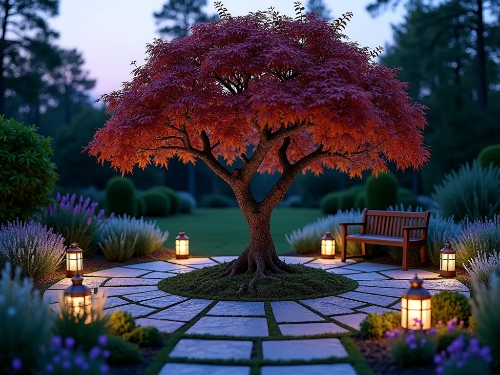 Sacred Memorial Tree Circle at Dusk - Ethereal twilight garden scene featuring a mature Japanese maple tree centered in a perfectly circular stone pathway, photographed from a slightly elevated angle. The pathway is made of natural slate stepping stones arranged in concentric circles, interspersed with creeping thyme and Irish moss. Soft landscape lighting illuminates the tree from below, casting gentle shadows on the textured bark. Small copper lanterns line the outer circle, their warm glow creating a peaceful ambiance. Purple and white flowering plants like lavender and white echinacea border the pathway, adding depth and tranquility. A simple wooden bench faces the tree, offering a place for reflection. The scene is captured during blue hour, with the last traces of sunset creating a serene purple-blue sky backdrop. The maple's graceful branches spread protectively over the sacred space, its leaves catching the last light of day. The composition emphasizes the circular design while showing the integration with the surrounding garden landscape, shot with shallow depth of field to create a dreamy, contemplative atmosphere.