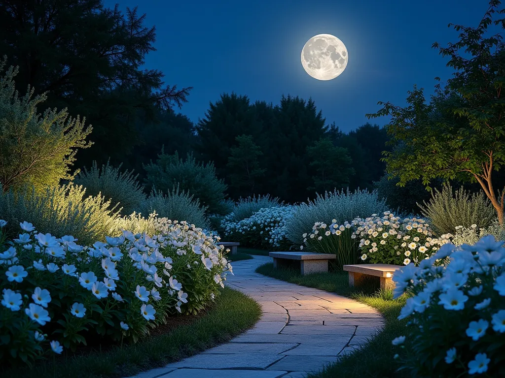 Enchanted Moonlit Memorial Garden - A serene nighttime garden scene captured under a full moon, featuring a curved garden path illuminated by soft landscape lighting. In the foreground, ethereal white moon flowers and silvery-white petunias sway gently, their petals catching the moonlight. The background showcases Artemisia's silver foliage and white Japanese anemones creating layers of ghostly white blooms. Natural stone benches nestle among the plants, offering spaces for quiet contemplation. Low-voltage lighting casts gentle shadows through the foliage, while dewdrops on the plants sparkle like tiny stars. Shot with a wide-angle lens to capture the entire garden's mystical atmosphere, with the camera positioned low to emphasize the flowering plants against the deep blue night sky. Photographic style: dreamy, atmospheric, with perfect exposure to capture both the moonlight and subtle artificial lighting.