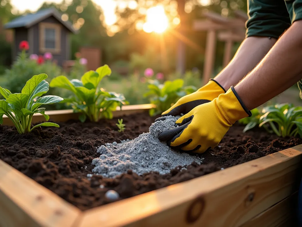 Enriching Raised Garden Bed with Wood Ash - A beautifully constructed cedar raised garden bed photographed during golden hour, with soft sunlight filtering through. The wide-angle shot captures a gardener gently mixing wood ash into rich, dark soil using gardening gloves. The bed contains thriving vegetables and flowering plants. Close-up details show the fine, gray ash being incorporated into the soil, creating a striking contrast. The background features a well-maintained garden with complementary wooden structures. Shot with shallow depth of field to highlight the soil amendment process, with natural bokeh effects in the background. Photorealistic, highly detailed, professional photography.