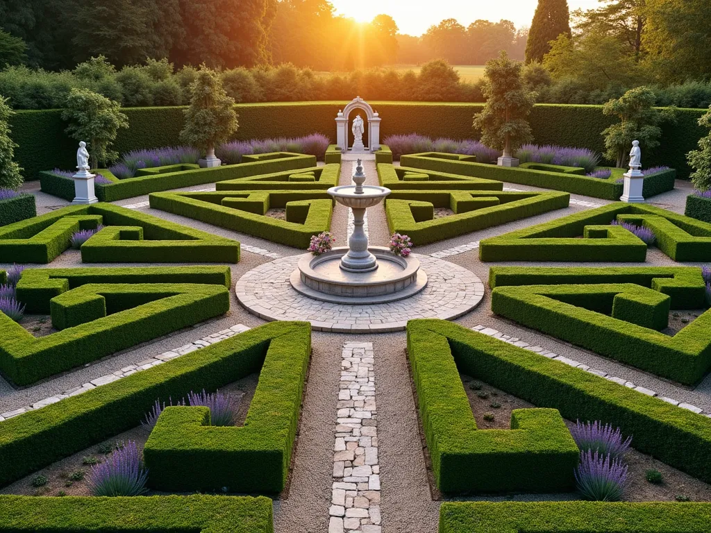 Elegant Renaissance Knot Garden with Memorial Elements - A meticulously designed Renaissance knot garden photographed during golden hour, featuring intricate geometric patterns formed by neatly trimmed boxwood hedges. The formal garden layout includes crossing pathways with crushed stone walkways enriched with memorial ashes. A classic stone fountain serves as the centerpiece, surrounded by perfectly symmetrical parterre gardens. White marble statues stand at key intersections, while climbing roses adorn decorative iron arches. The wide-angle shot captures the entire garden's mathematical precision from a slightly elevated angle, with warm sunset light casting long shadows across the elaborate design. The formal hedges are punctuated with blooming lavender and rosemary, creating a sophisticated tapestry of green and purple hues. Crystal-clear DSLR photography emphasizes the garden's architectural elements and meticulous maintenance.