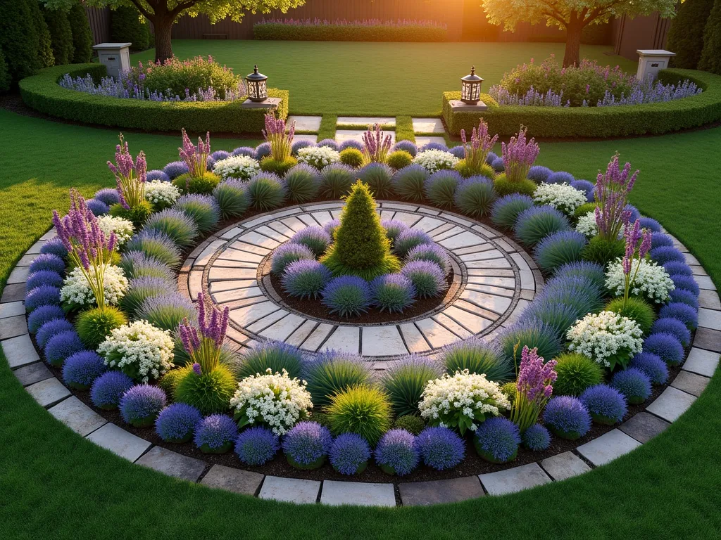 Sacred Mandala Memory Garden at Sunset - Aerial view of a perfectly circular sacred garden at golden hour, designed in a mesmerizing mandala pattern with concentric rings. The garden features five distinct circular bands radiating outward, each containing different height plants and flowers. The center hosts tall purple salvias, surrounded by rings of white lilies, lavender, pink roses, and blue delphiniums, creating a stunning color gradient. Stone pathways divide the circles like sun rays, while ornate garden lanterns mark the cardinal points. The garden is set within a serene backyard landscape, with soft sunset light casting long shadows across the spiritual space. The entire design is photographed from above to showcase the intricate mandala-like pattern, with a slight angle to capture the varying plant heights and dimensional quality. The garden edges are defined by natural stone borders, and a meditation bench sits at the garden's edge for contemplation.